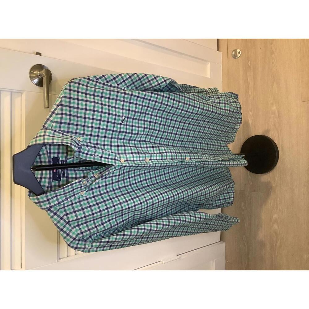 Vineyard Vines Green Blue Gingham Check Long Sleeve Slim Fit Tucker Shirt L